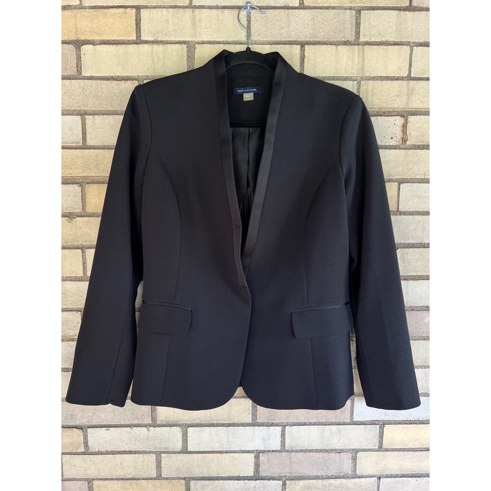 Tommy Hilfiger Black Satin Trim Single Snap Button Blazer Size 4 Small Business